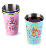 Three of the cups are shown stacked on top of one another; the pink cup with the blue and purple flower is shown at the bottom. To the right of the pink cup is the turquoise cup with the upside-down pink and yellow flower. The turquoise cup also has tea in it.