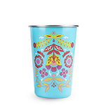 The turquoise cup with the upside-down pink and yellow flower is shown individually.