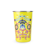 The yellow cup with the upside-down pink and blue flower is shown individually.