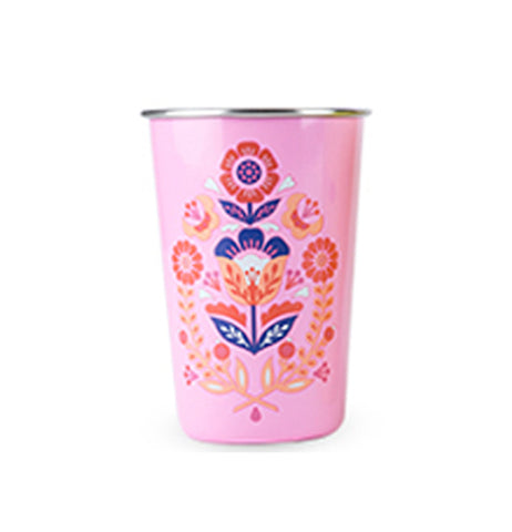 The pink cup with the blue and purple flower is shown individually.
