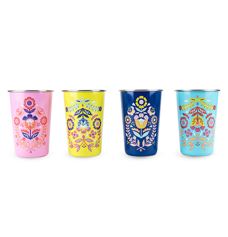 These four cups have similar designs with different colors; the first is pink with a blue and purple flower while the second is yellow with an upside-down pink and blue flower. The third is blue with an orange and turquoise flower, and the fourth is turquoise with an upside down pink and yellow flower on it.