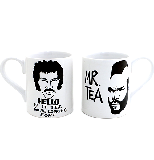 Two white mugs. On the left, the mug has Lionel Ritchies&