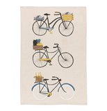 "Bicicletta" tea towel with design of 3 bikes over a white background.