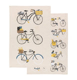 Set of 2 "Bicicletta" tea towels with bike designs one with 3 bike design overlapping another with design of 10 bikes.