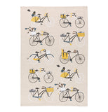 "Bicicletta" tea towel with design of 10 bikes over a white background.