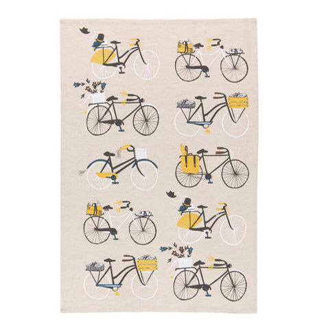 "Bicicletta" tea towel with design of 10 bikes over a white background.