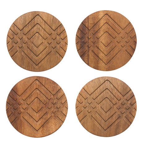 Four of the diamond patterned coasters are shown standing together.