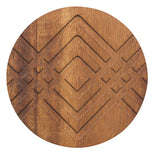 This acacia wood coaster has lines crisscrossing a diamond pattern.