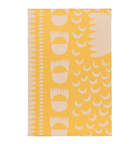 Unfolded "Crescendo" yellow jacquard tea towel with white shape design.