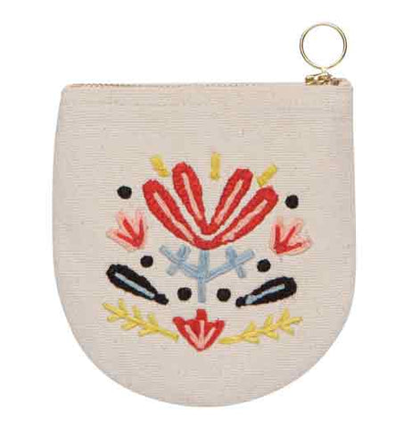 White pouch has a red, grey, black and yellow floral design on the front with a white back.