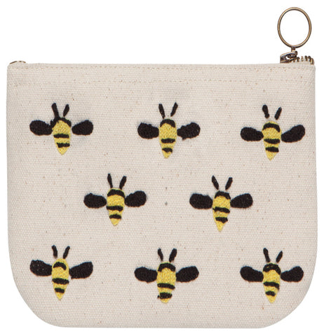This cream colored zip-up pouch has a picture of eight bumblebees covering it.