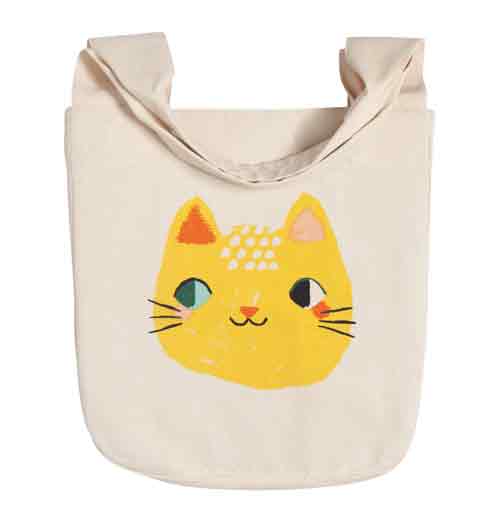Meow Meow to & fro tote with a picture of a yellow cats head on a white background.