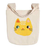 Meow Meow to & fro tote with a picture of a yellow cats head on a white background.