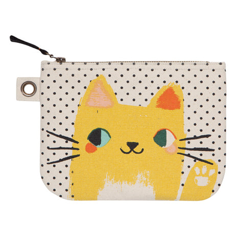This large zip pouch has a large yellow cat on the front with black dots on the background. A black tassel hangs from the zipper.