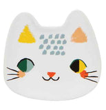 Meow meow trinket tray with a white cats head with colorful features.