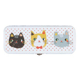 A pencil Box with different colored cats, one is black, one is orange and white and the other one is gray, on the box with red polka dots on a white background.