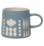 A ceramic blue mug with rounded shapes and diamonds over a white background.
