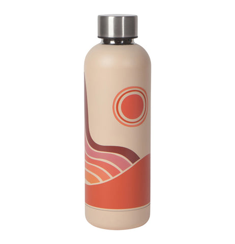 Water bottle has a red, orange, and pink design of retro rainbows and sand dunes.