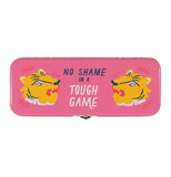 Top view of pink "Fierce" pencil case with orange tiger heads and blue and white words that read "No Shame In A Tough Game" on a white background.