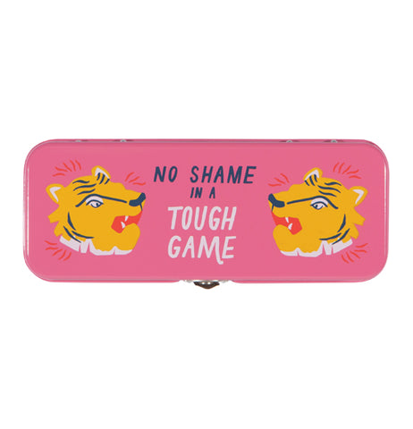 Top view of pink "Fierce" pencil case with orange tiger heads and blue and white words that read "No Shame In A Tough Game" on a white background.