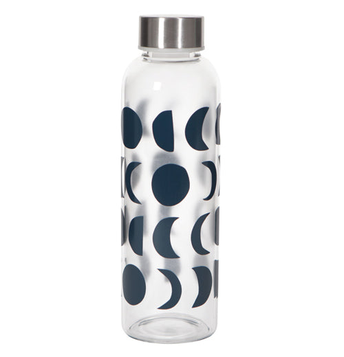 Sustain water bottle with different shapes of the moon in black on a white background.