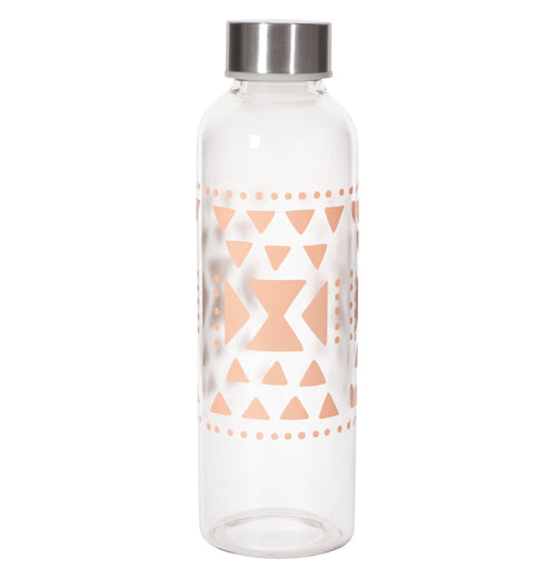 Sustain water bottle with pink triangle design topped with metal lid.