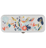 A gray pencil box with green, blue, yellow, and red flowers on it.