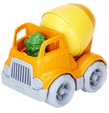 A orange toy cement truck that comes with a bulldog construction worker.