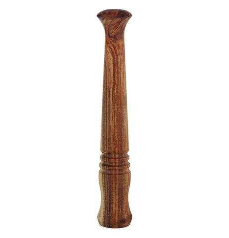 This wooden muddler tool made for crushing has a circular handle at the top, and several grooves down near the bottom.