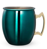 This dark teal green cup has a golden handle and a silver interior.