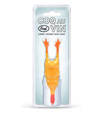 The yellow and red chicken wine stopper is shown in its transparent packaging. At the top of the packaging are the words, "Coq Au Vin" in black lettering.