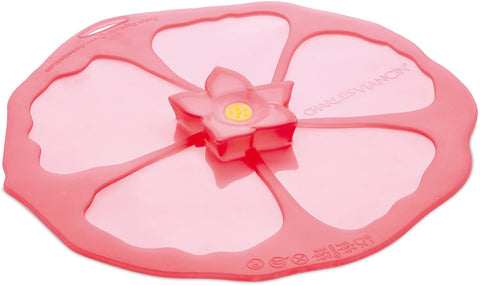 Pink "Hibiscus" lid with round yellow button in the middle of a pink flower on a white background.