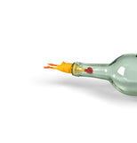 The yellow and red chicken wine stopper is shown sealing the top of a wine bottle.