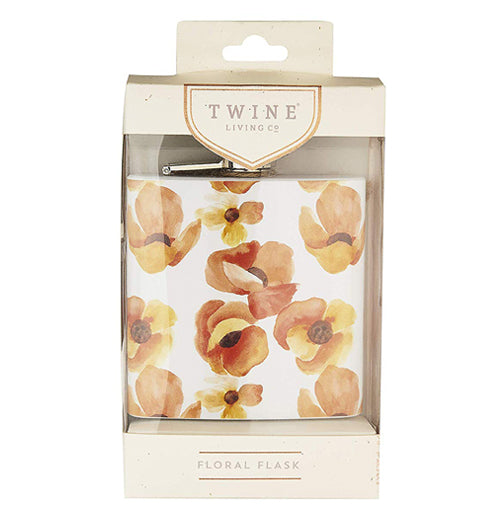 The flask with the poppy design is shown inside its packaging.