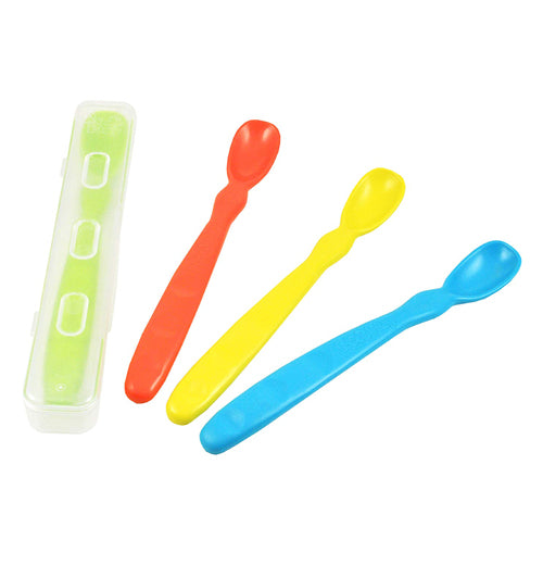 The set of four "Primary" Infant Spoons features the colors of blue, yellow, red and a green spoon in a clear plastic case.. 