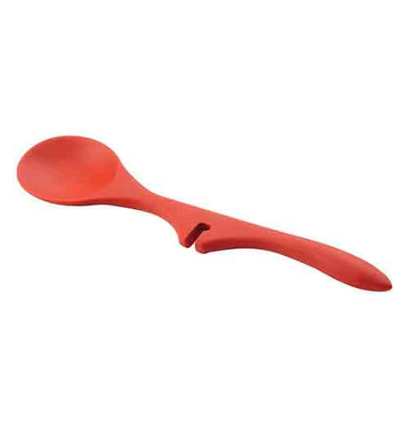 This red cooking spoon has a small notch in its side for attaching it to the pot.