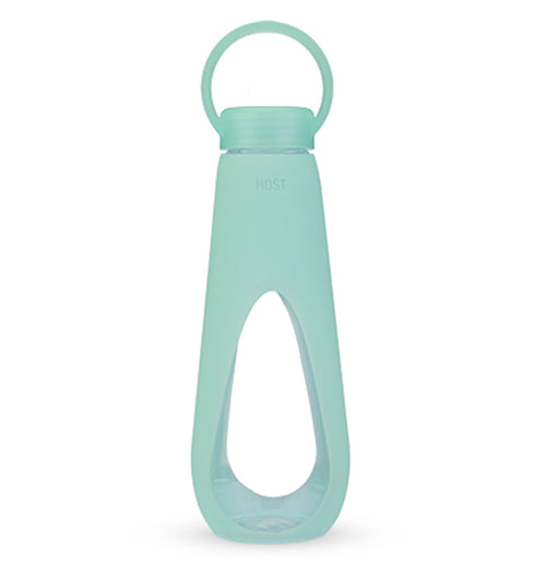 This glass water bottle has a teal plastic sleeve covering most of it. Its teal lid is also made of plastic with a handle.