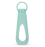 This glass water bottle has a teal plastic sleeve covering most of it. Its teal lid is also made of plastic with a handle.