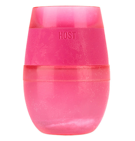 This dark pink plastic wine cup has a band around it with the word, "HOST" stenciled into it.