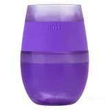 This purple plastic wine cup has a band around it with the word, "HOST" stenciled into it.