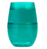 This teal (blue/green) plastic wine cup has a band around it with the word, "HOST" stenciled into it.