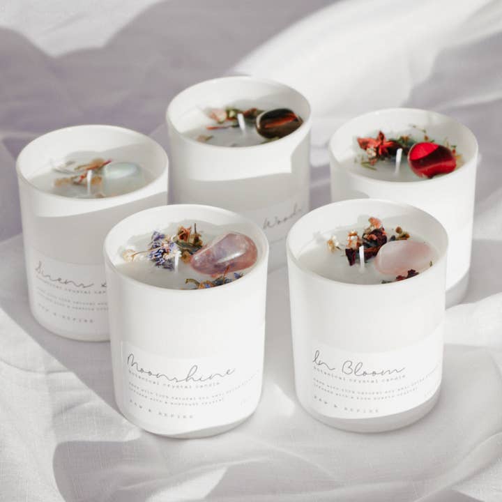 Botanical Crystal Candle Infused With Charged Gemstone: INTO THE WOODS
