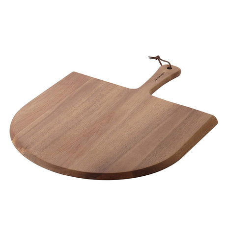 Front view of "Natural Wood" pizza peel with strap on handle.