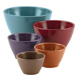 Measuring Cup Set of 5 in brown, orange, purple, red, and blue lined up smallest to largest.