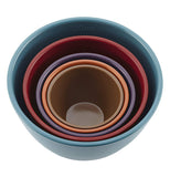Rachael Ray Measuring Cups Set of 5 brown, orange, purple, red, and blue nested together.