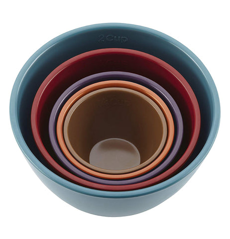 Rachael Ray Measuring Cups Set of 5 brown, orange, purple, red, and blue nested together.