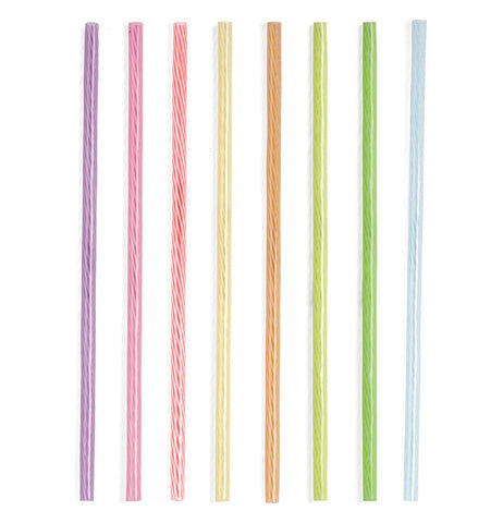 8 reusable straws each in a different color, purple, pink, red, yellow, orange, lime green, green, and blue.