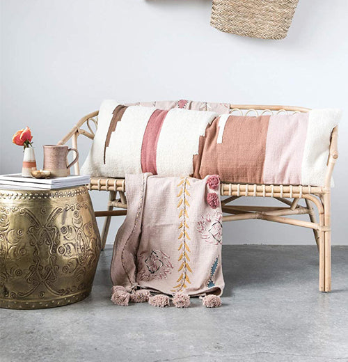 Cotton Embroidered Throw w/ Tassels &amp; Applique, Cream Color