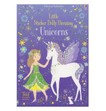A book entitled "Little Sticker Dolly Dressing Unicorns". The cover is a gradient from lighter purple to a darker shade. A girl in a green and yellow dress and a floral crown pets a winged unicorn.