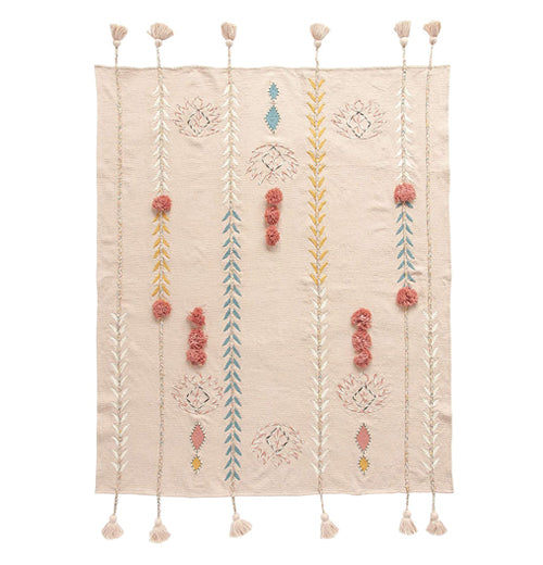 Cotton Embroidered Throw w/ Tassels &amp; Applique, Cream Color